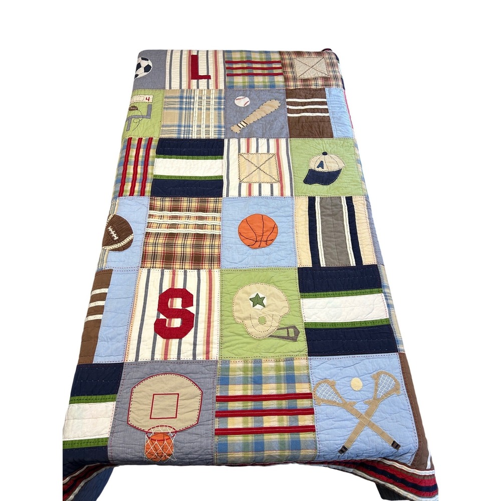 Sports Varsity Pottery Barn Kids Twin Multicolor Patchwork Plaid Applique Quilt‎